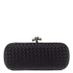 Pre Owned Bottega Veneta Black Intrecciato Satin and Python Stretch Knot Clutch