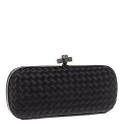 Pre Owned Bottega Veneta Black Intrecciato Satin and Python Stretch Knot Clutch