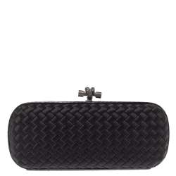 Pre Owned Bottega Veneta Black Intrecciato Satin and Python Stretch Knot Clutch