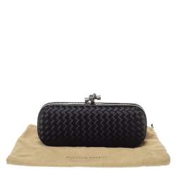 Pre Owned Bottega Veneta Black Intrecciato Satin and Python Stretch Knot Clutch