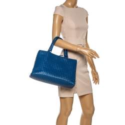 Pre Owned Bottega Veneta Blue Intrecciato Nappa Leather Tote