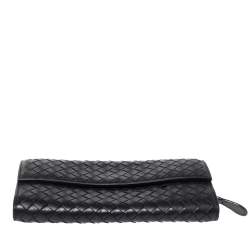 Pre Owned Bottega Veneta Black Intrecciato Leather Continental Wallet