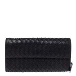 Pre Owned Bottega Veneta Black Intrecciato Leather Continental Wallet