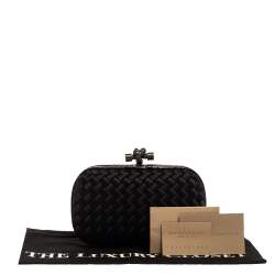 Pre Owned Bottega Veneta Black Satin and Snakeskin Trim Knot Clutch