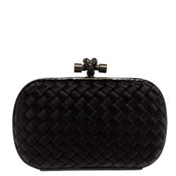 Pre Owned Bottega Veneta Black Satin and Snakeskin Trim Knot Clutch
