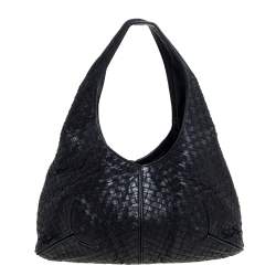 Pre Owned Bottega Veneta Black Intrecciato Leather Ball Hobo 