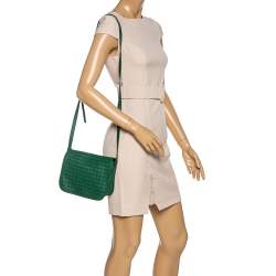 Pre Owned Bottega Veneta Green Intrecciato Leather Flap Crossbody Bag