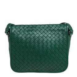 Pre Owned Bottega Veneta Green Intrecciato Leather Flap Crossbody Bag