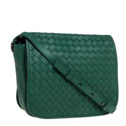 Pre Owned Bottega Veneta Green Intrecciato Leather Flap Crossbody Bag