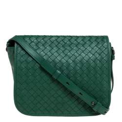 Pre Owned Bottega Veneta Green Intrecciato Leather Flap Crossbody Bag