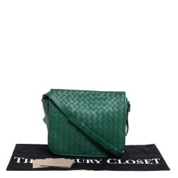 Pre Owned Bottega Veneta Green Intrecciato Leather Flap Crossbody Bag