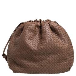 Pre Owned Bottega Veneta Brown Intrecciato Leather Drawstring Hobo