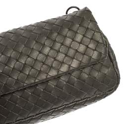 Pre Owned Bottega Veneta Grey Intrecciato Leather Flap Chain Crossbody Bag