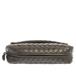 Pre Owned Bottega Veneta Grey Intrecciato Leather Flap Chain Crossbody Bag