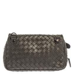 Pre Owned Bottega Veneta Grey Intrecciato Leather Flap Chain Crossbody Bag