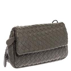 Pre Owned Bottega Veneta Grey Intrecciato Leather Flap Chain Crossbody Bag
