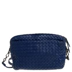 Pre Owned Bottega Veneta Blue Intrecciato Leather Crossbody Bag