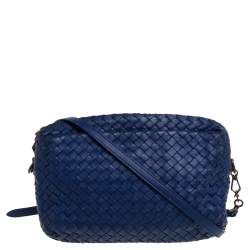 Pre Owned Bottega Veneta Blue Intrecciato Leather Crossbody Bag