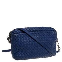 Pre Owned Bottega Veneta Blue Intrecciato Leather Crossbody Bag