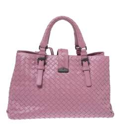 Pre Owned Bottega Veneta Pink Intrecciato Leather Small Roma Tote