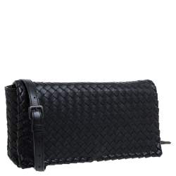 Pre Owned Bottega Veneta Black Intrecciato Leather Flap Shoulder Bag