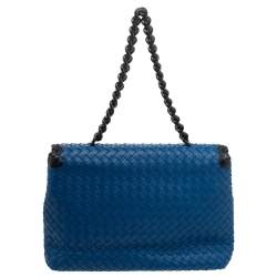 Pre Owned Bottega Veneta Blue Intrecciato Leather Flap Chain Shoulder Bag