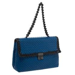 Pre Owned Bottega Veneta Blue Intrecciato Leather Flap Chain Shoulder Bag
