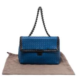 Pre Owned Bottega Veneta Blue Intrecciato Leather Flap Chain Shoulder Bag