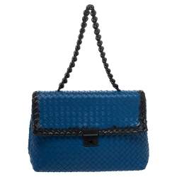 Pre Owned Bottega Veneta Blue Intrecciato Leather Flap Chain Shoulder Bag