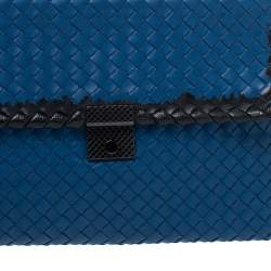 Pre Owned Bottega Veneta Blue Intrecciato Leather Flap Chain Shoulder Bag