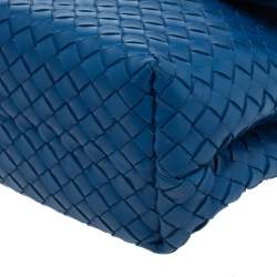 Pre Owned Bottega Veneta Blue Intrecciato Leather Flap Chain Shoulder Bag