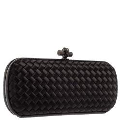 Pre Owned Bottega Veneta Black Intrecciato Satin and Python Trim Knot Clutch