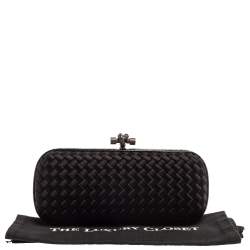 Pre Owned Bottega Veneta Black Intrecciato Satin and Python Trim Knot Clutch