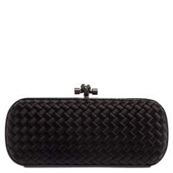 Pre Owned Bottega Veneta Black Intrecciato Satin and Python Trim Knot Clutch