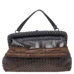 Pre Owned Bottega Veneta Black/Brown Python Frame Top Handle Bag