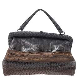 Pre Owned Bottega Veneta Black/Brown Python Frame Top Handle Bag