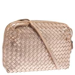 Pre Owned Bottega Veneta Metallic Rose Gold Intrecciato Leather Nodini Shoulder Bag