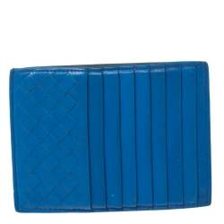 Pre Owned Bottega Veneta Blue Intrecciato Leather Card Holder