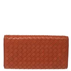 Pre Owned Bottega Veneta Orange Intrecciato Leather Continental Flap Wallet