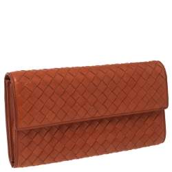Pre Owned Bottega Veneta Orange Intrecciato Leather Continental Flap Wallet
