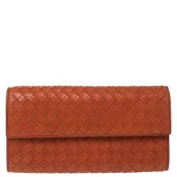 Pre Owned Bottega Veneta Orange Intrecciato Leather Continental Flap Wallet