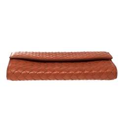 Pre Owned Bottega Veneta Orange Intrecciato Leather Continental Flap Wallet