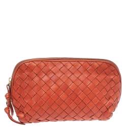 Pre Owned Bottega Veneta Orange Intrecciato Leather Pouch 