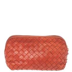 Pre Owned Bottega Veneta Orange Intrecciato Leather Pouch 