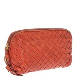 Pre Owned Bottega Veneta Orange Intrecciato Leather Pouch 