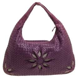 Pre Owned Bottega Veneta Purple Intrecciato Leather Flower Hobo