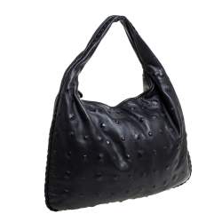 Pre Owned Bottega Veneta Black Intrecciato Leather Maxi Veneta Studded Hobo