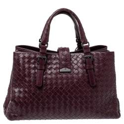 Pre Owned Bottega Veneta Burgundy Intrecciato Leather Small Roma Tote