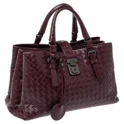 Pre Owned Bottega Veneta Burgundy Intrecciato Leather Small Roma Tote