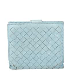 Pre Owned Bottega Veneta Blue Intrecciato Leather French Wallet 